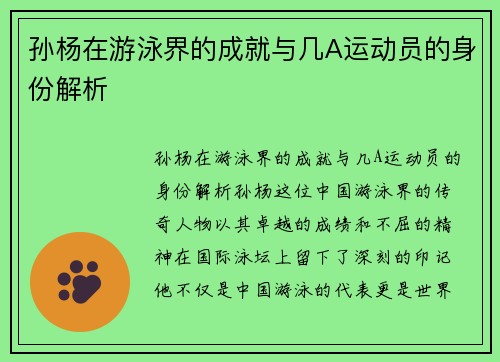 孙杨在游泳界的成就与几A运动员的身份解析